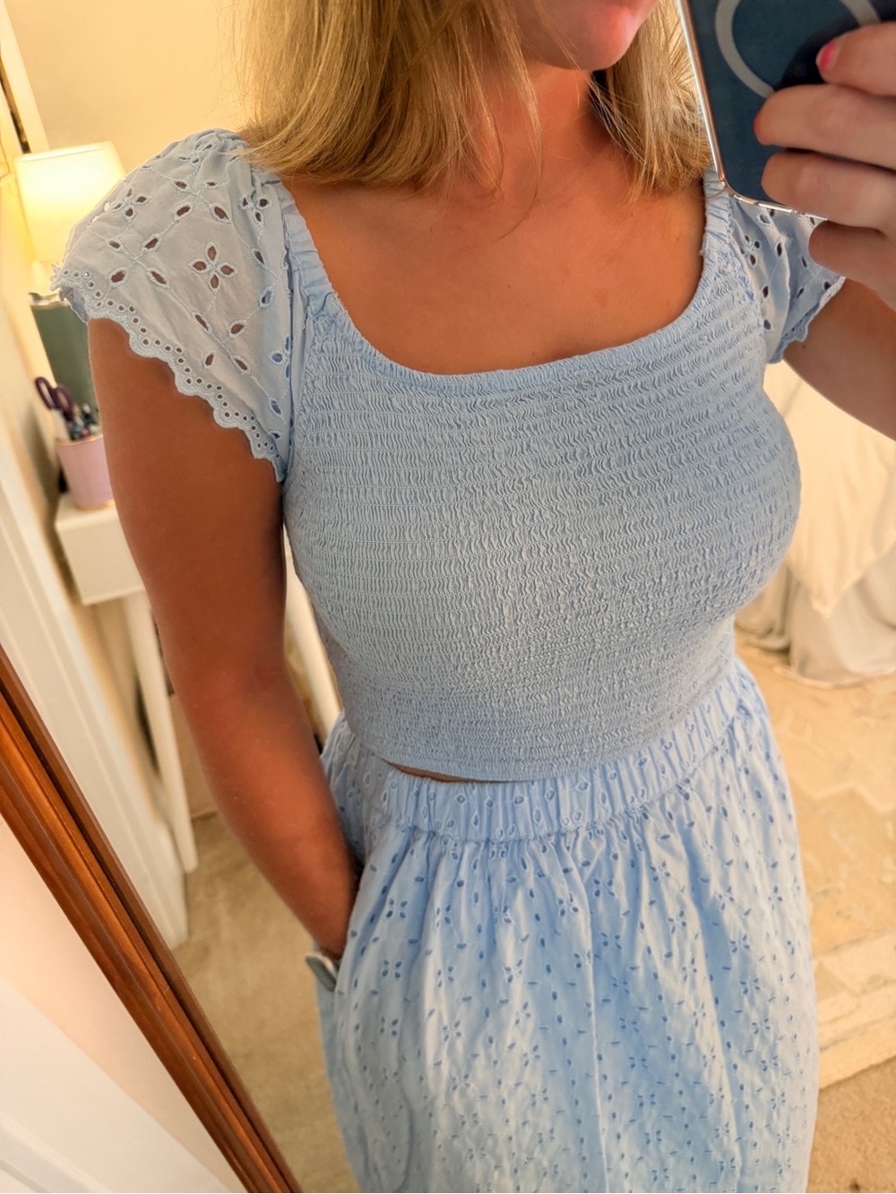 Light Blue Eyelet Set with Smocked Top - Picture 2 of 4